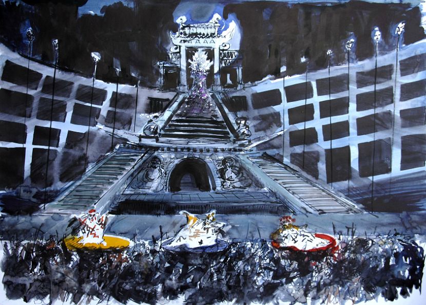 TURANDOT, Bühnenbildentwurf II.Akt, Aquarell-Tusche, 62 x 88 cm